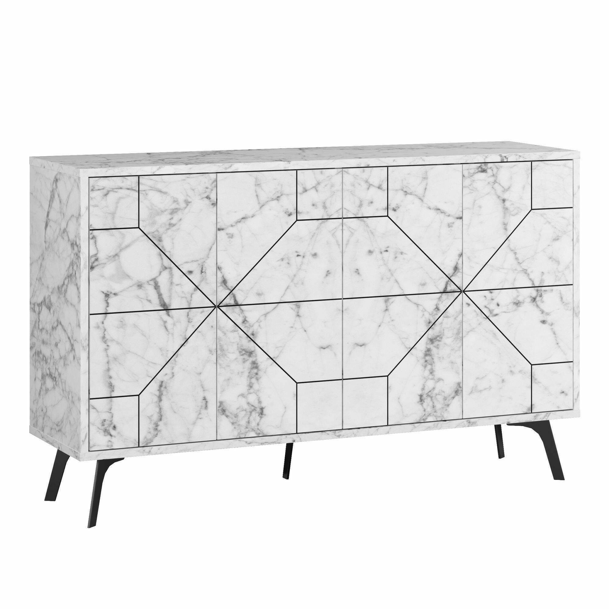 Credenza Dokwonkw, Buffet da soggiorno, Madia da salotto, Dispensa da cucina, 123x35h62 cm, Bianco Marmo