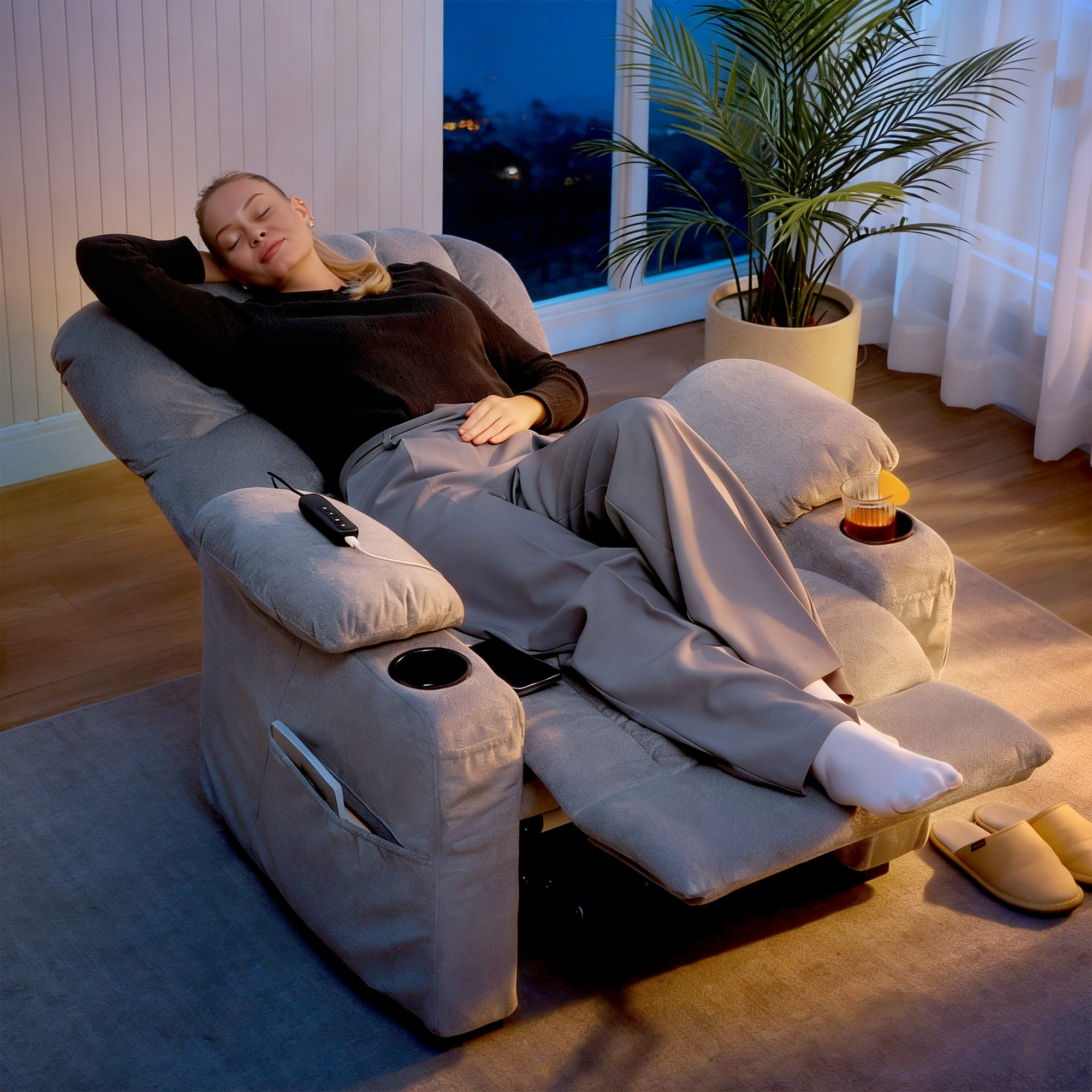 Sillón Relax Reclinable Eléctrico, Sillón Reclinable Silencioso de Terciopelo con Función Memoria, Reposapiés, Mando a Distancia, Bolsillos, Puerto USB, Portavasos, Respaldo Concha