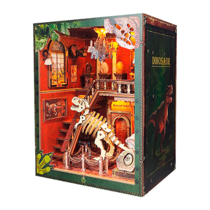 Estudio de dinosaurios. Book Nook de madera, diseño 3D realista con gran detalle, cubierta y luces led. Con 153 piezas.