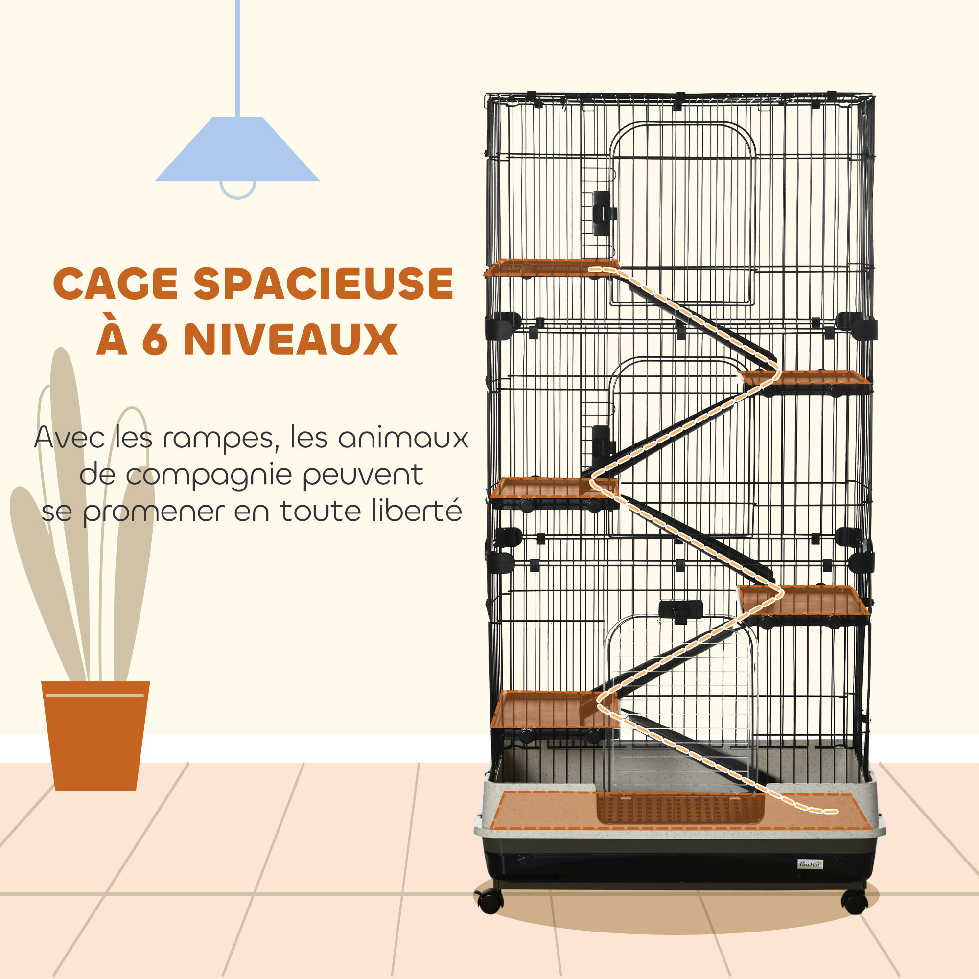 Cage pour cochons d'Inde chinchilla rongeur sur roulettes - 5 étages, 3 portes, plateau déjection - noir gris