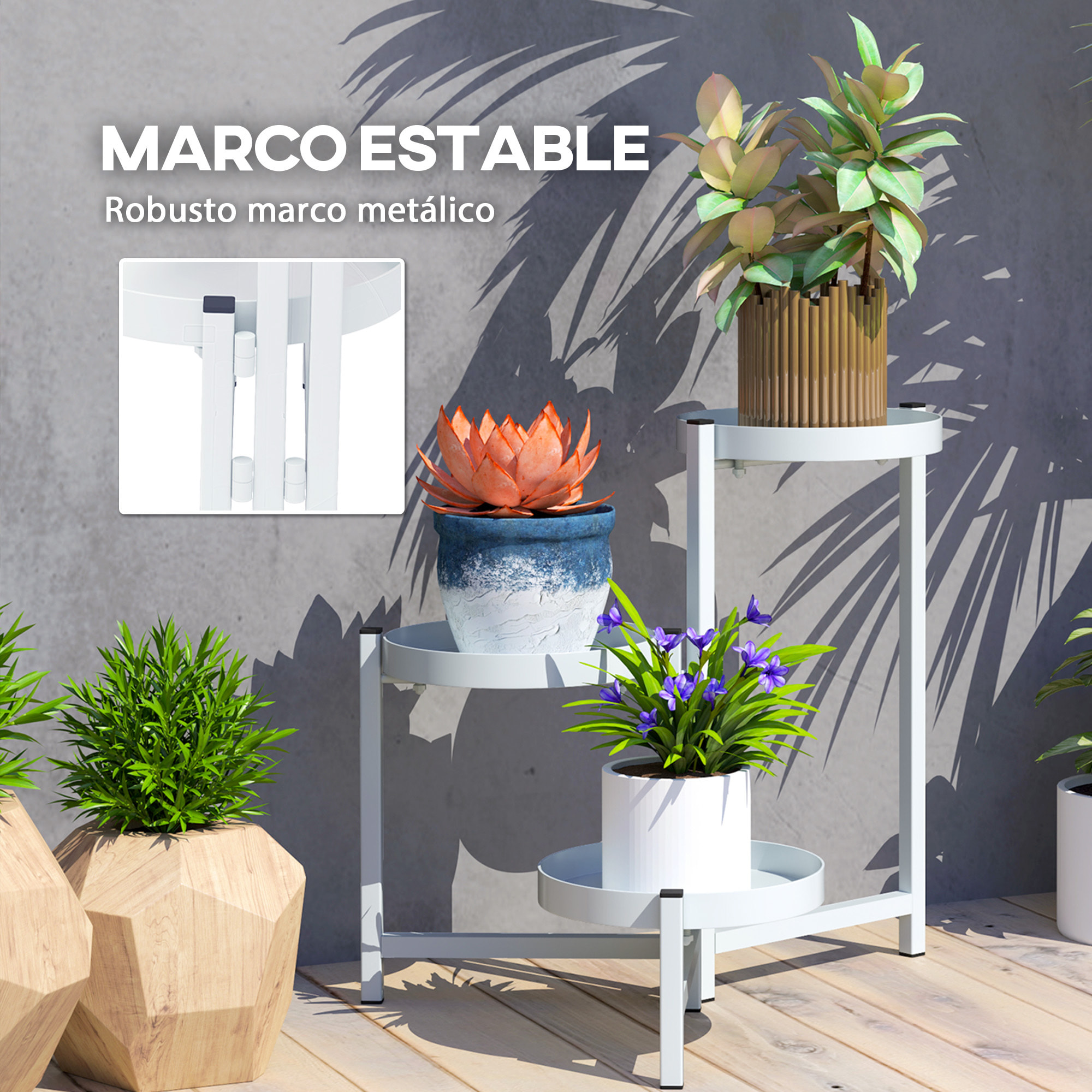 Estantería para Plantas Plegable de 3 Niveles Soporte para Plantas de Metal con 3 Estantes Redondos Soporte para Macetas para Interior y Exterior 40x40x42 cm Blanco