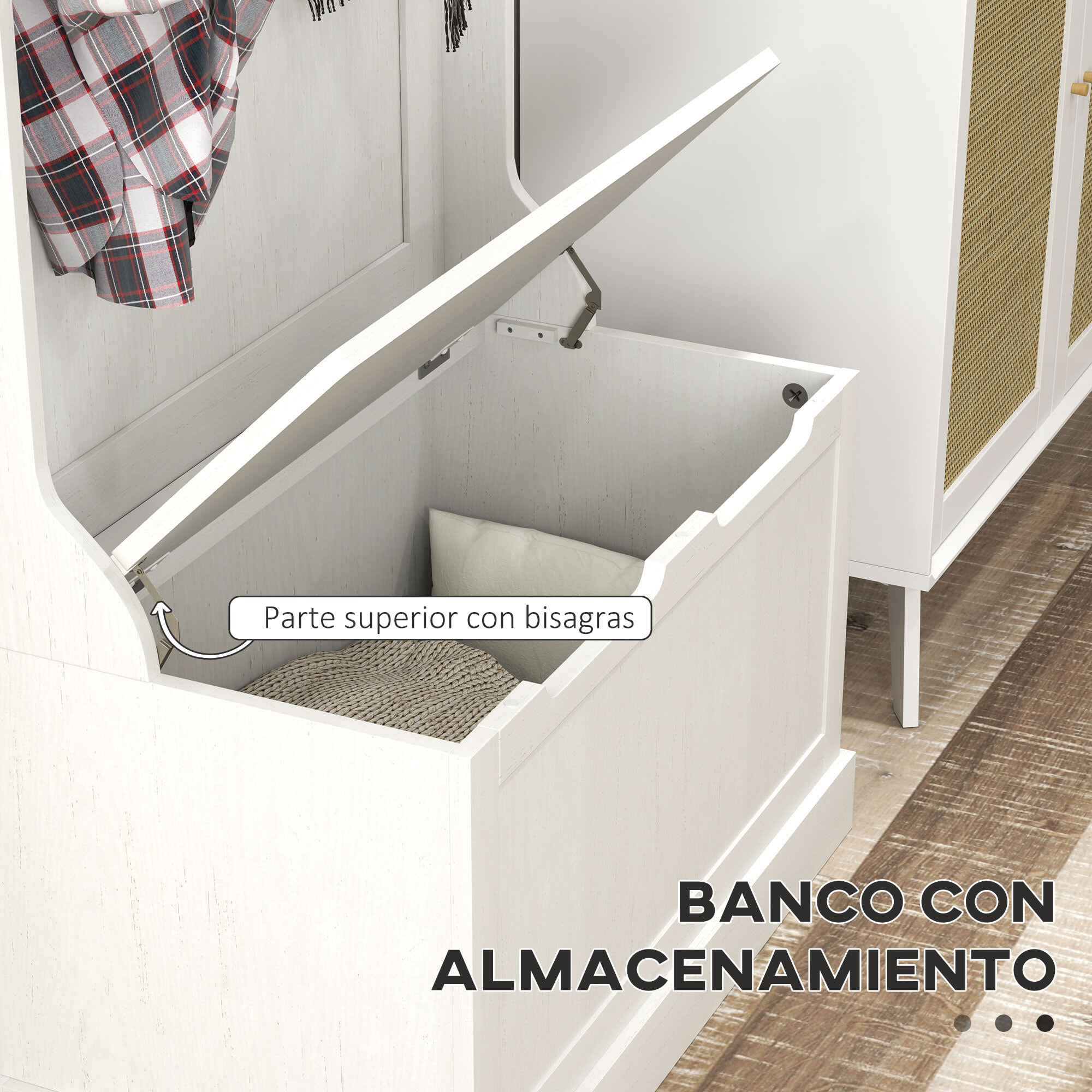 Perchero Zapatero, Perchero Recibidor con Banco de Almacenamiento, 4 Ganchos, para Pasillo, Dormitorio, Salón, Estilo Moderno, 71,5x39,5x170 cm, Blanco