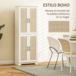 Alacena de Cocina Aparador de Cocina Mueble Auxiliar de Cocina con Estantes Ajustables Puertas de Ratán y Sistema Anti-vuelco 60x30x170 cm Blanco
