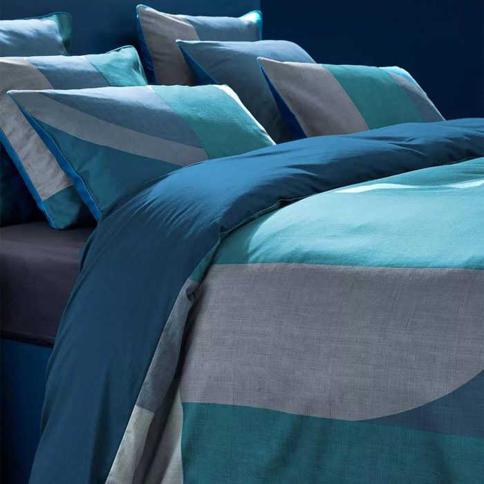 Lot h.couette +taies satin de coton imprimé bleu canard Livio petrole