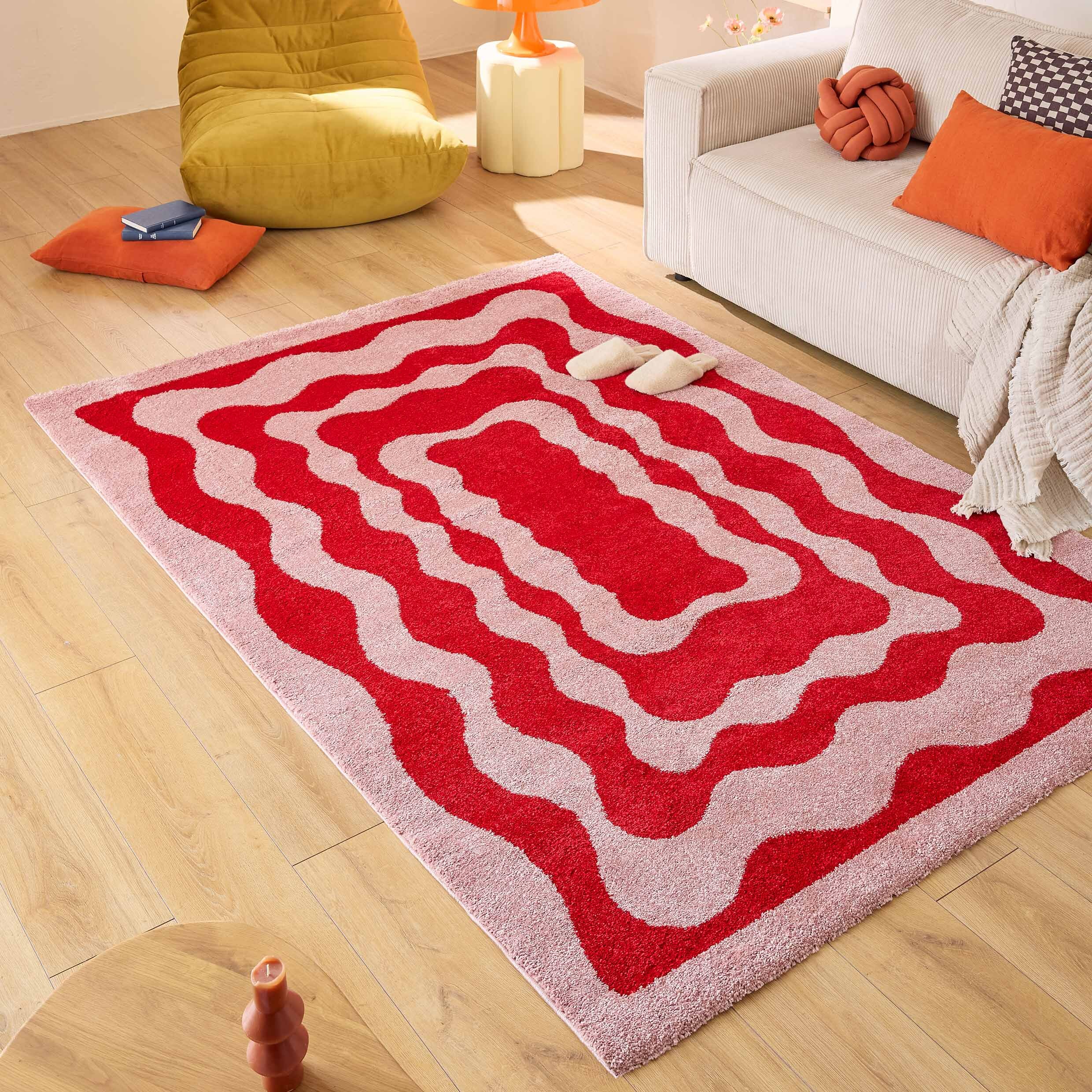 GROOVY - Tapis coloré style seventies - Confortable et moelleux - Rouge