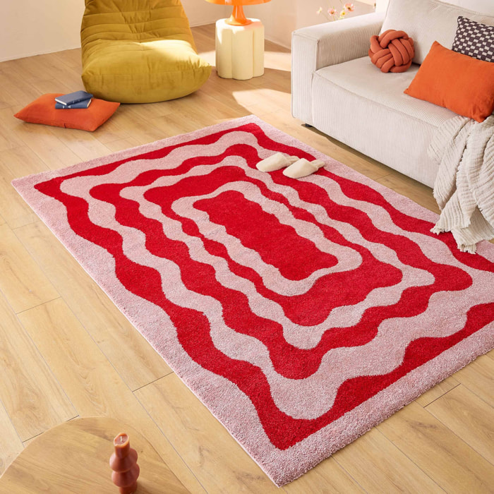GROOVY - Tapis coloré style seventies - Confortable et moelleux - Rouge