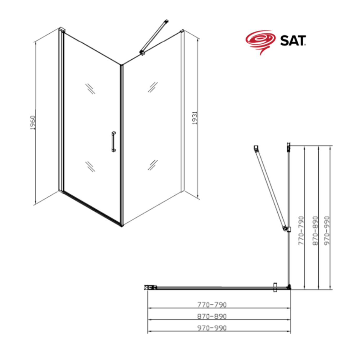 Fusion ensemble porte pivotante /paroi 90x90cm anticalcaire avec profilés noir mat (SATFUD90S90C-SET)