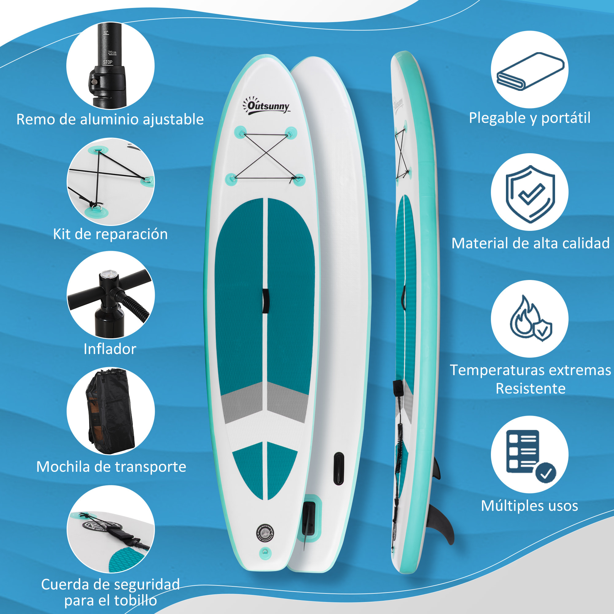 Tabla de Paddle Surf Hinchable 320x76x15 cm Plegable con Remo de Aluminio Ajustable Desmontable Bolsa de Transporte y Accesorios Completos Blanco y Turquesa