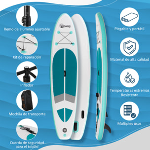 Tabla de Paddle Surf Hinchable 320x76x15 cm Plegable con Remo de Aluminio Ajustable Desmontable Bolsa de Transporte y Accesorios Completos Blanco y Turquesa