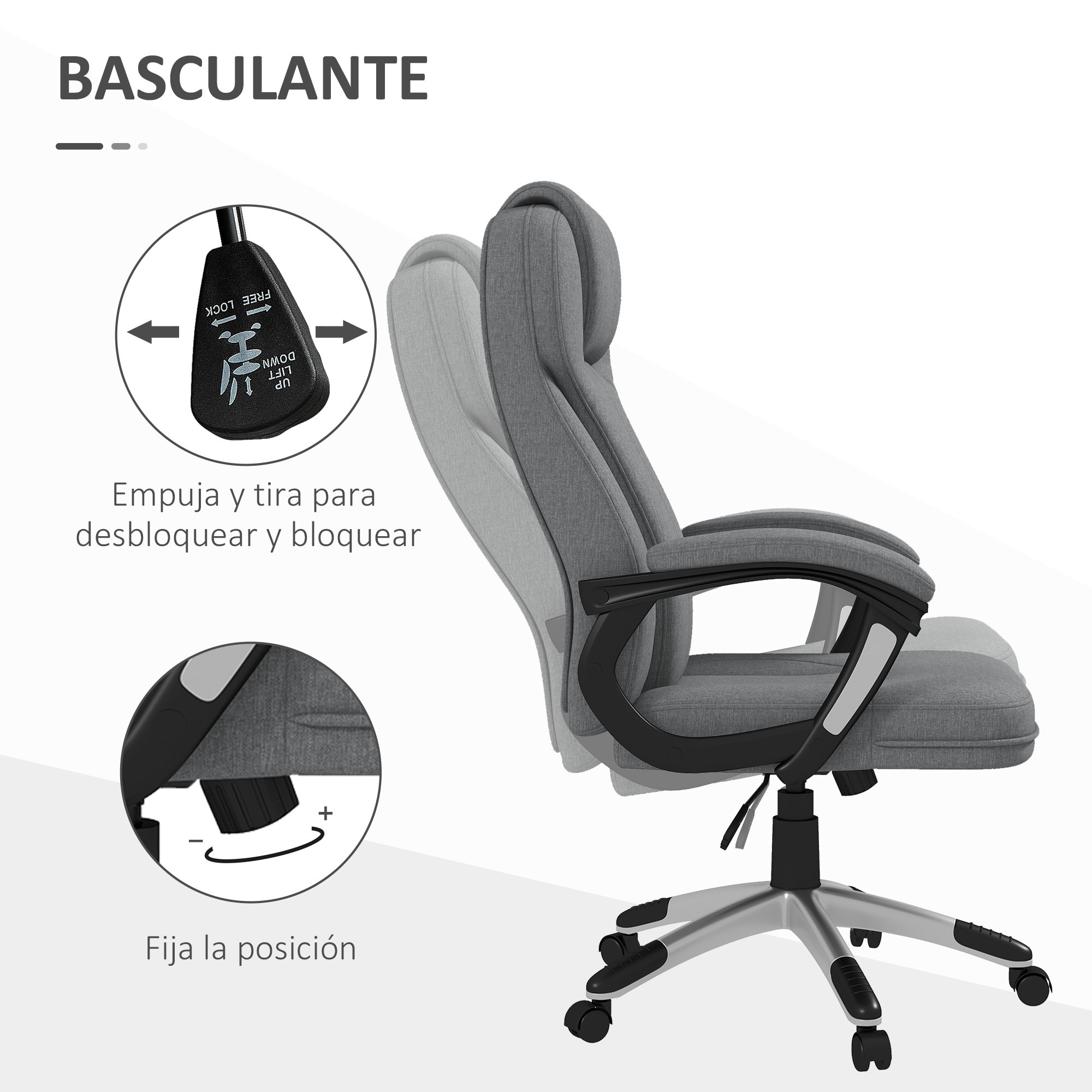 Silla de Oficina Silla de Escritorio Silla de Estudio Giratoria Tapizada en Tela con Función de Basculante Altura Ajustable Reposabrazos 66x75x110-120 cm Gris