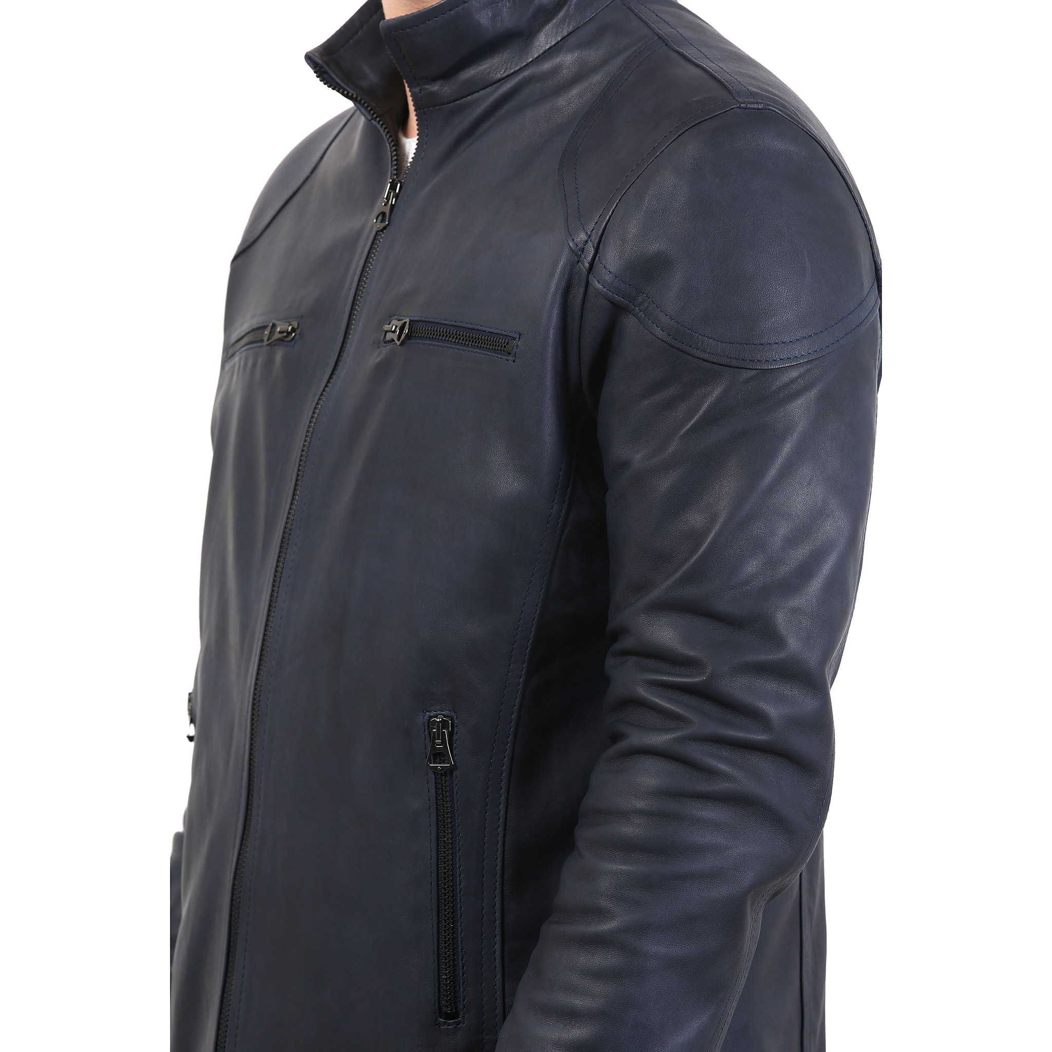 Giubbino in pelle di vitello tamponato Blu-Slim Fit