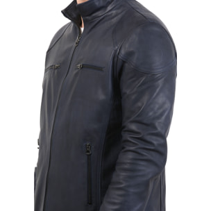 Giubbino in pelle di vitello tamponato Blu-Slim Fit