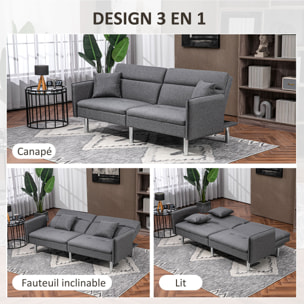 Canapé convertible 3 places design contemporain dossier inclinable piètement acier chromé tissu gris