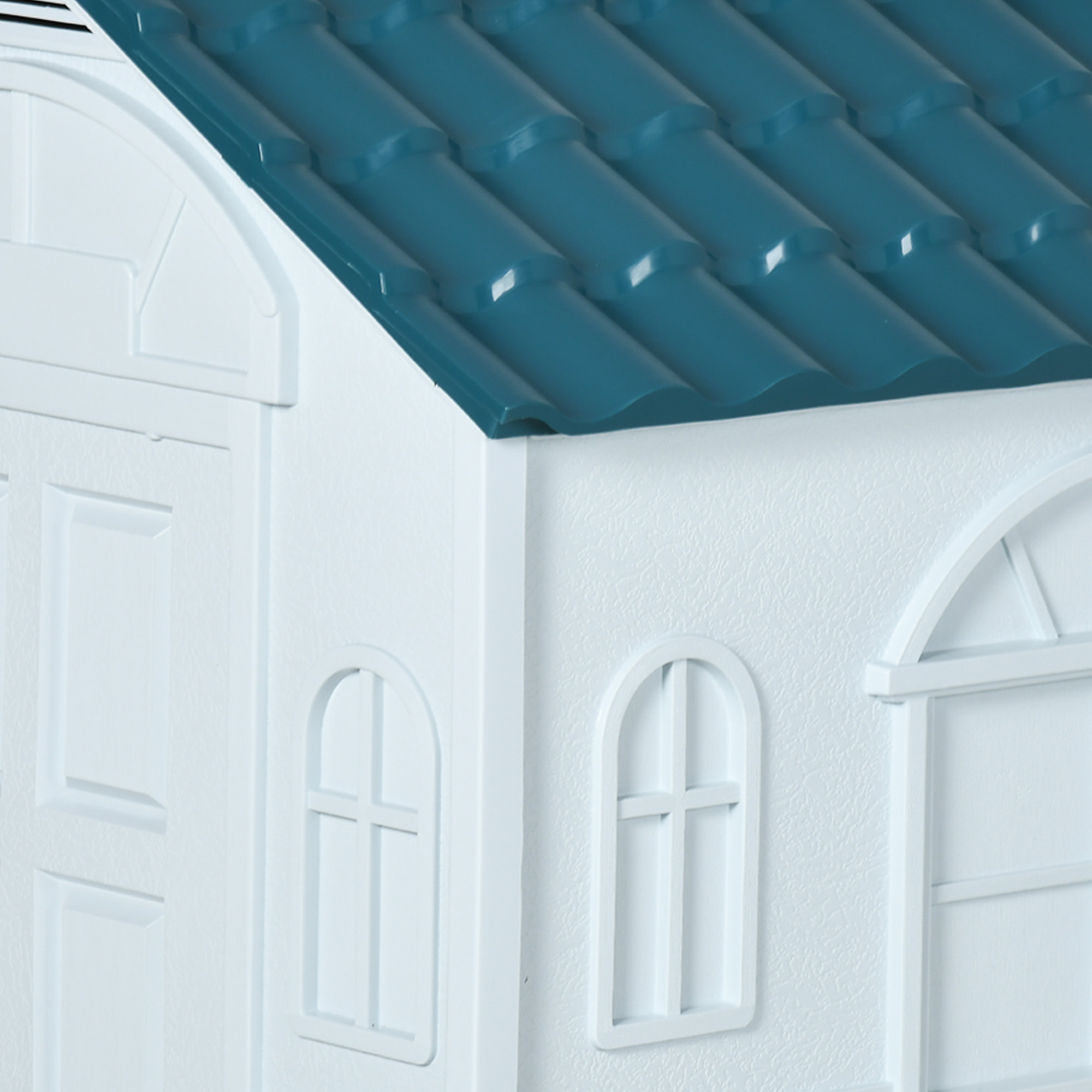 Niche chien style cottage - motifs fenêtres, porte, aération - PP blanc bleu