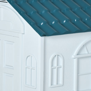 Niche chien style cottage - motifs fenêtres, porte, aération - PP blanc bleu