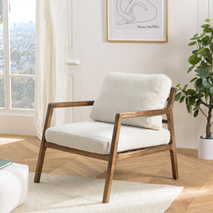 GASTON - Fauteuil en tissu écru, structure et accoudoirs en bois