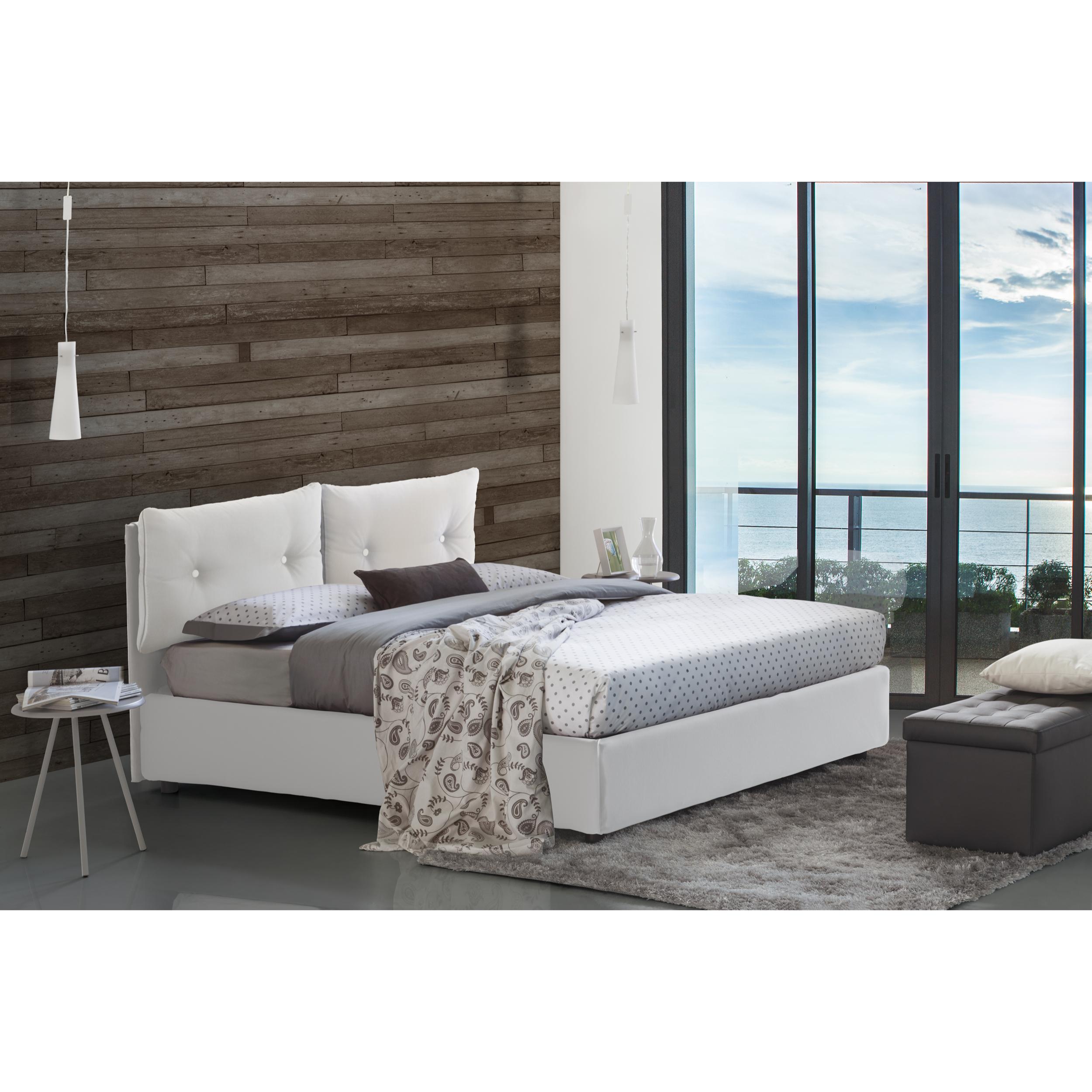 Letto piazza e mezza Emily, Letto contenitore con rivestimento in ecopelle, 100% Made in Italy, Apertura frontale, con materasso Cm 120x190 incluso, Bianco