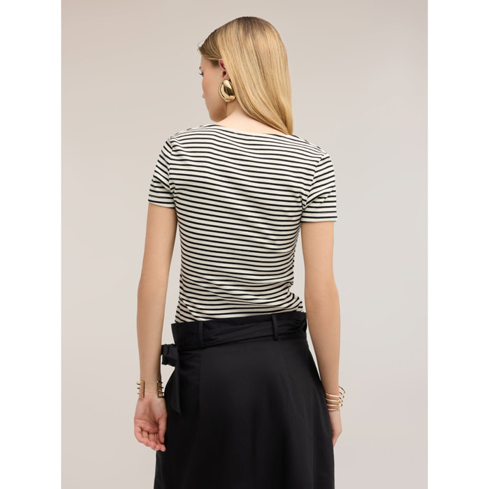 Motivi - T-shirt a righe con dettaglio in pizzo - Nero