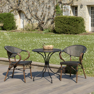 VIANNEY - Salon de jardin 2 personnes en acier - 1 table ronde 70x70cm et 2 chaises en textilène marron
