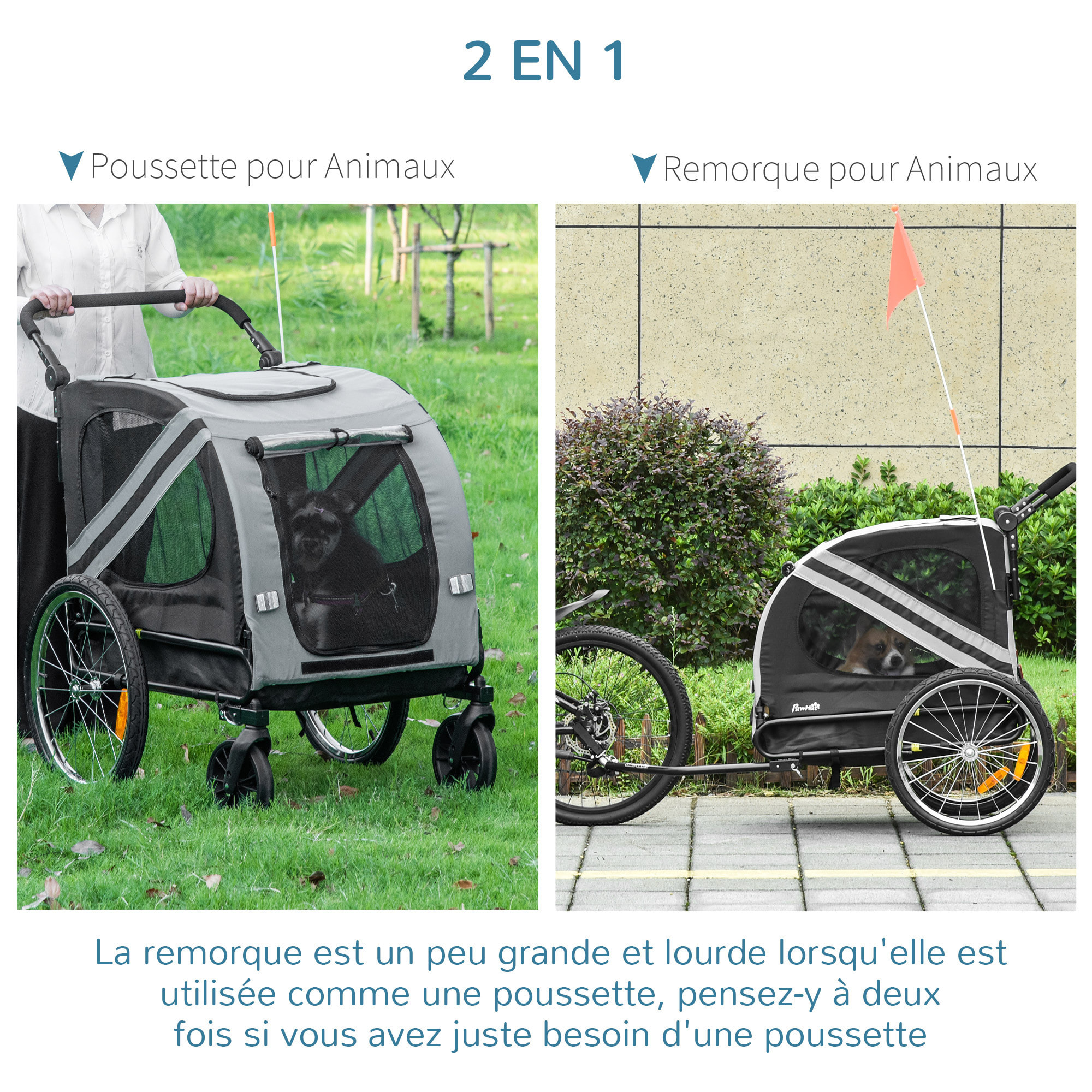 Remorque vélo jogger 2 en 1 pour animaux drapeau roue avant pivotante réflecteurs gris noir