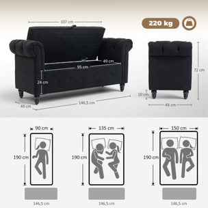 Banquette coffre de rangement 2 en 1 design Chesterfield accoudoirs courbés capitonnés piètement bois noir aspect lin noir