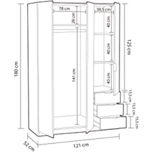 Armadio Con 3 Ante Battenti E 3 Cassetti Armadietto Con Asta Appendi Abiti E 3 Ripiani Per Camera Da Letto Design Moderno 180 x 121 x 52 Cm Rovere