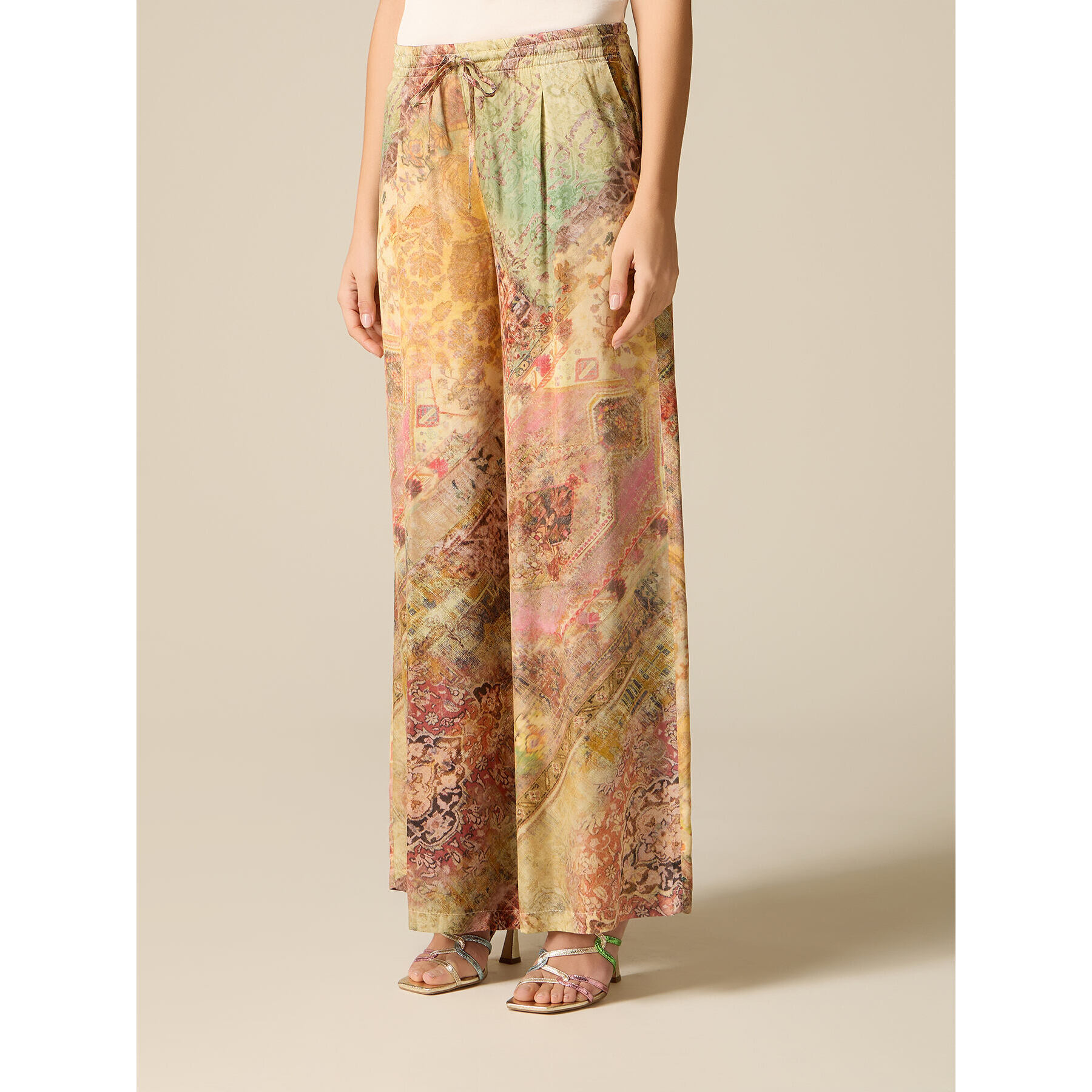 Oltre - Pantaloni palazzo in raso fantasia - Beige