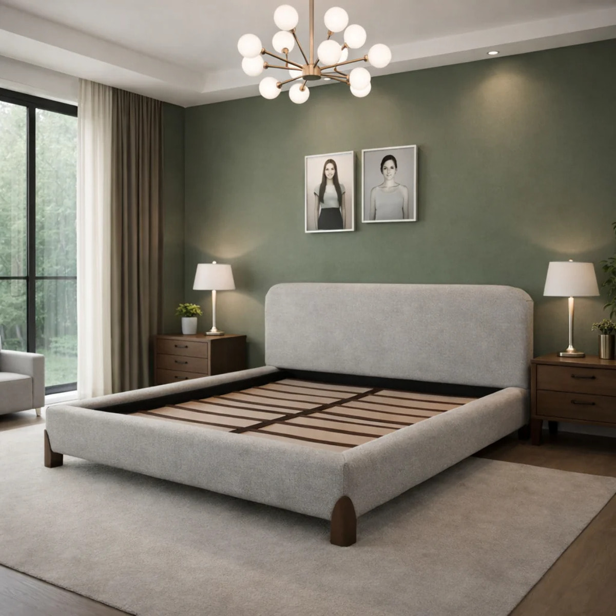 Lit Capucine avec tête de lit en tissu feutrine beige