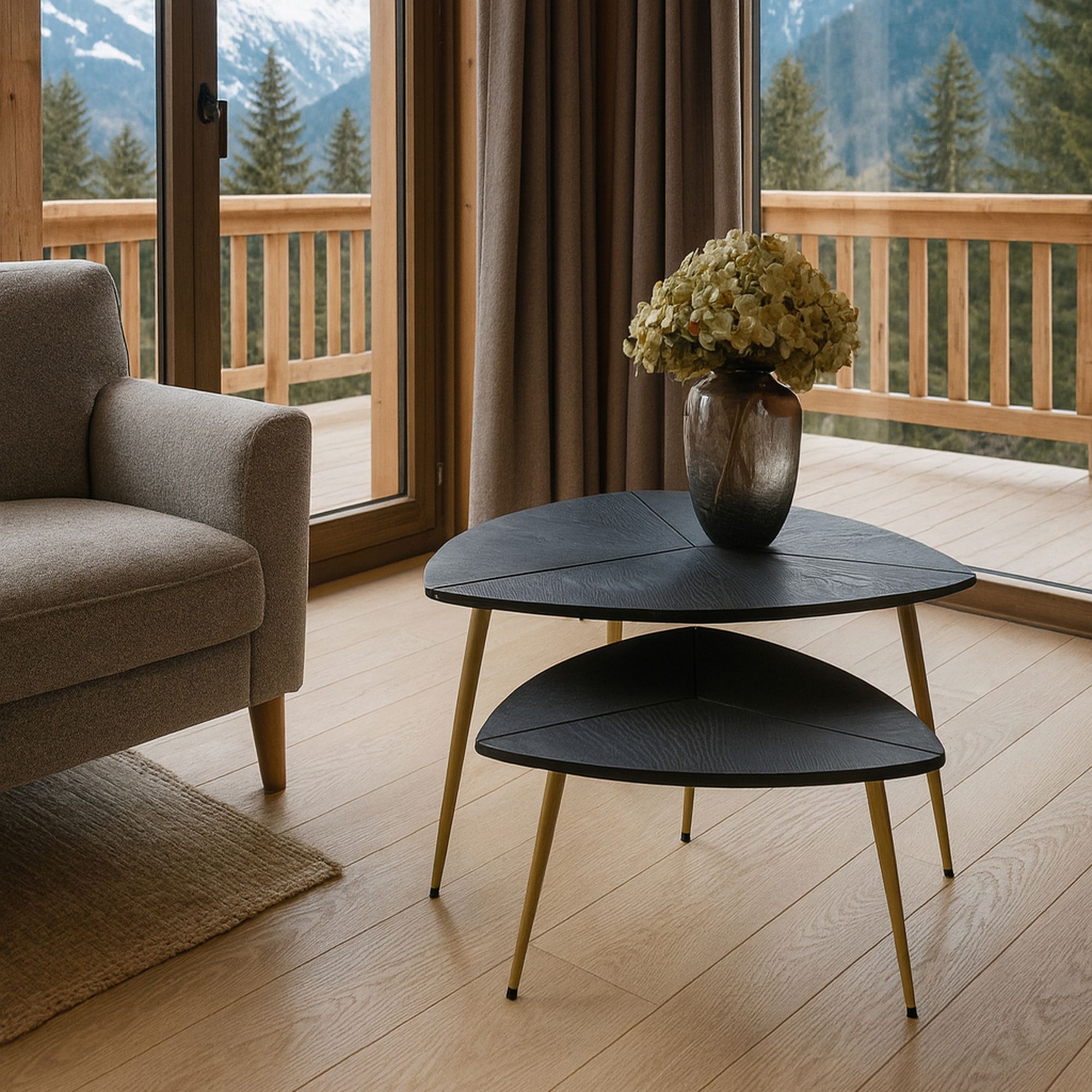 Lot de 2 tables gigognes finition bois et pieds en métal doré SAKURA