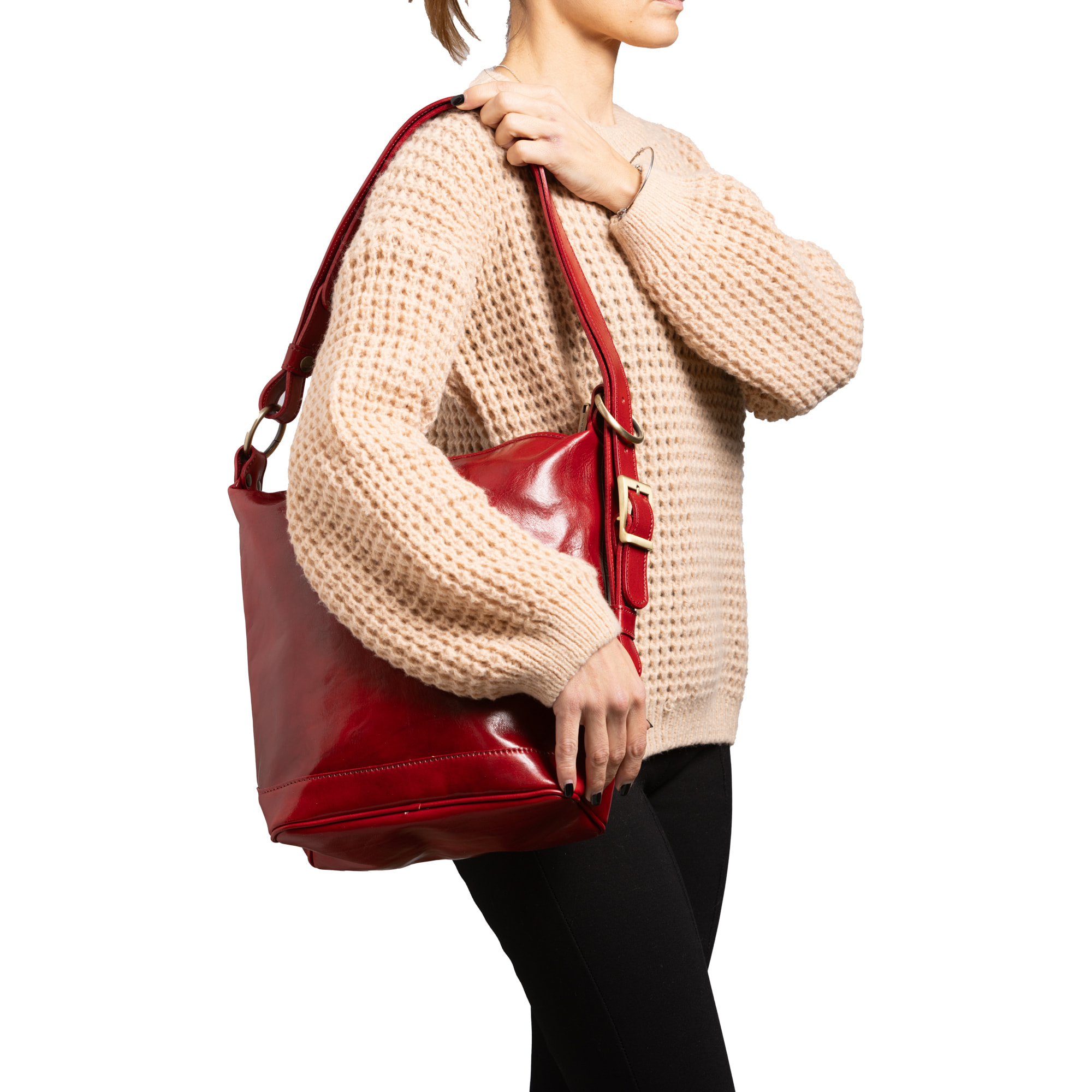 Borsa a secchiello  da donna In Vera pelle Made in Italy 34x33x15 cm