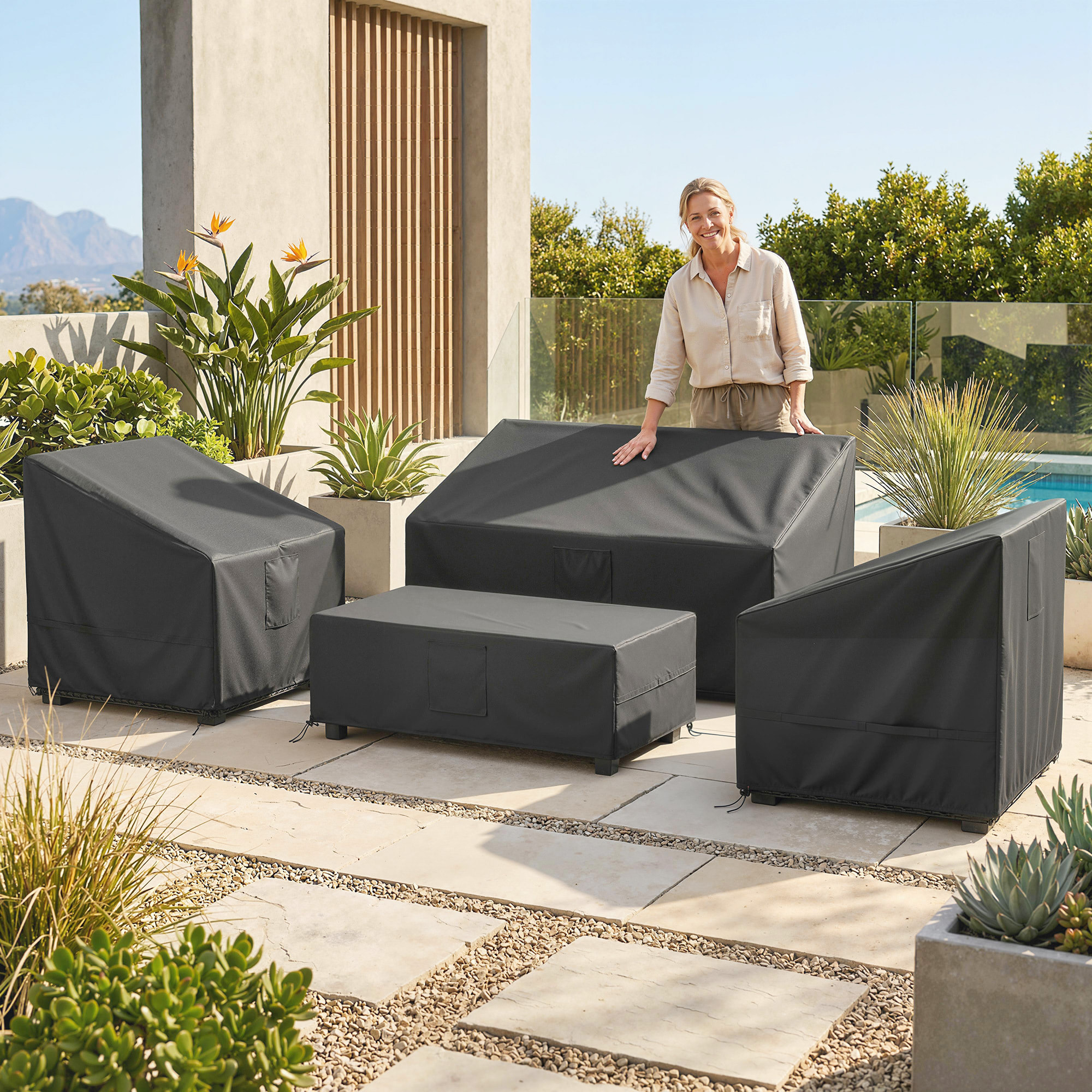 Ensemble de 4 housses salon de jardin imperméable tissu oxford noir