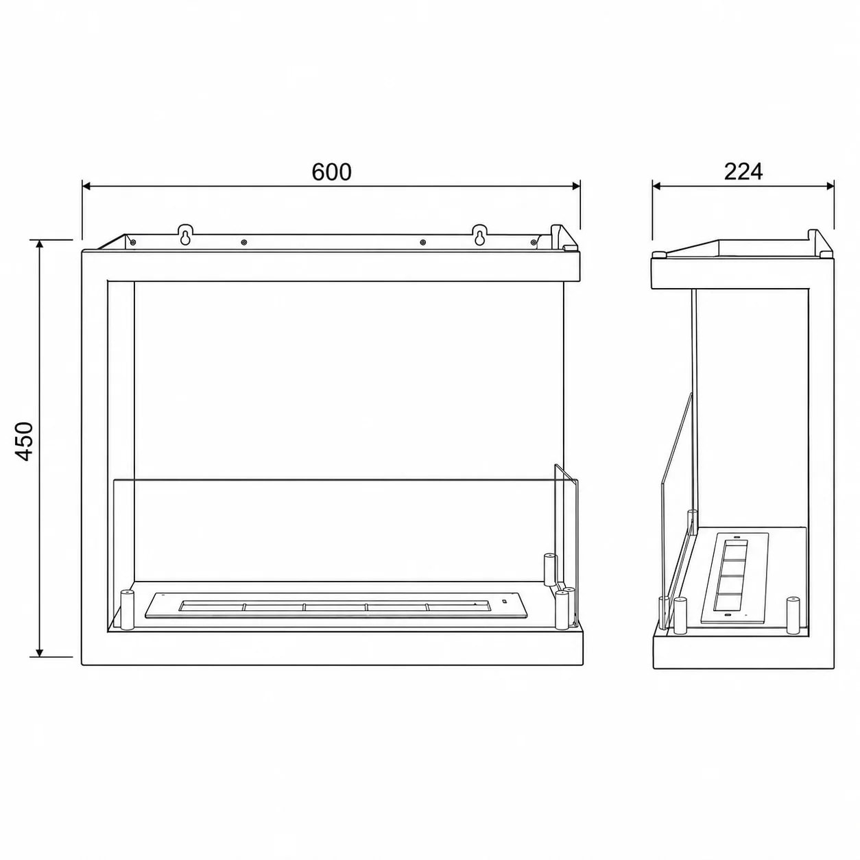 Sutri 60 - Camino a Bioetanolo da Incasso Angolare Destro 60x45x22,4 cm con Bruciatore 1,5lt in Acciaio