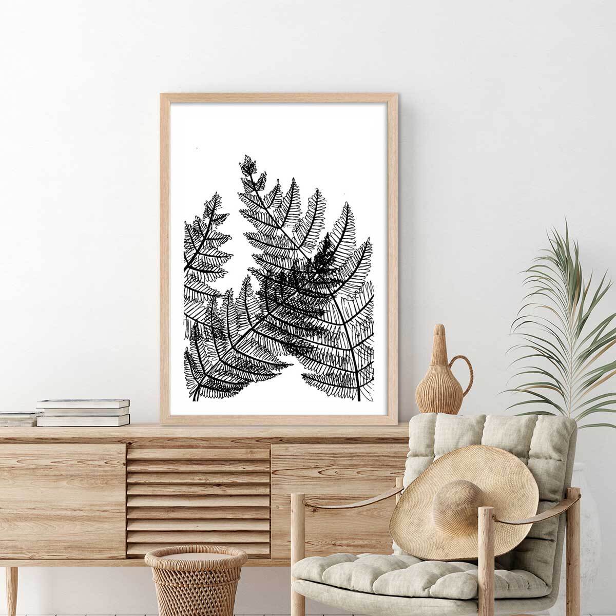 Poster landes fougères Affiche + cadre en bois - Chêne