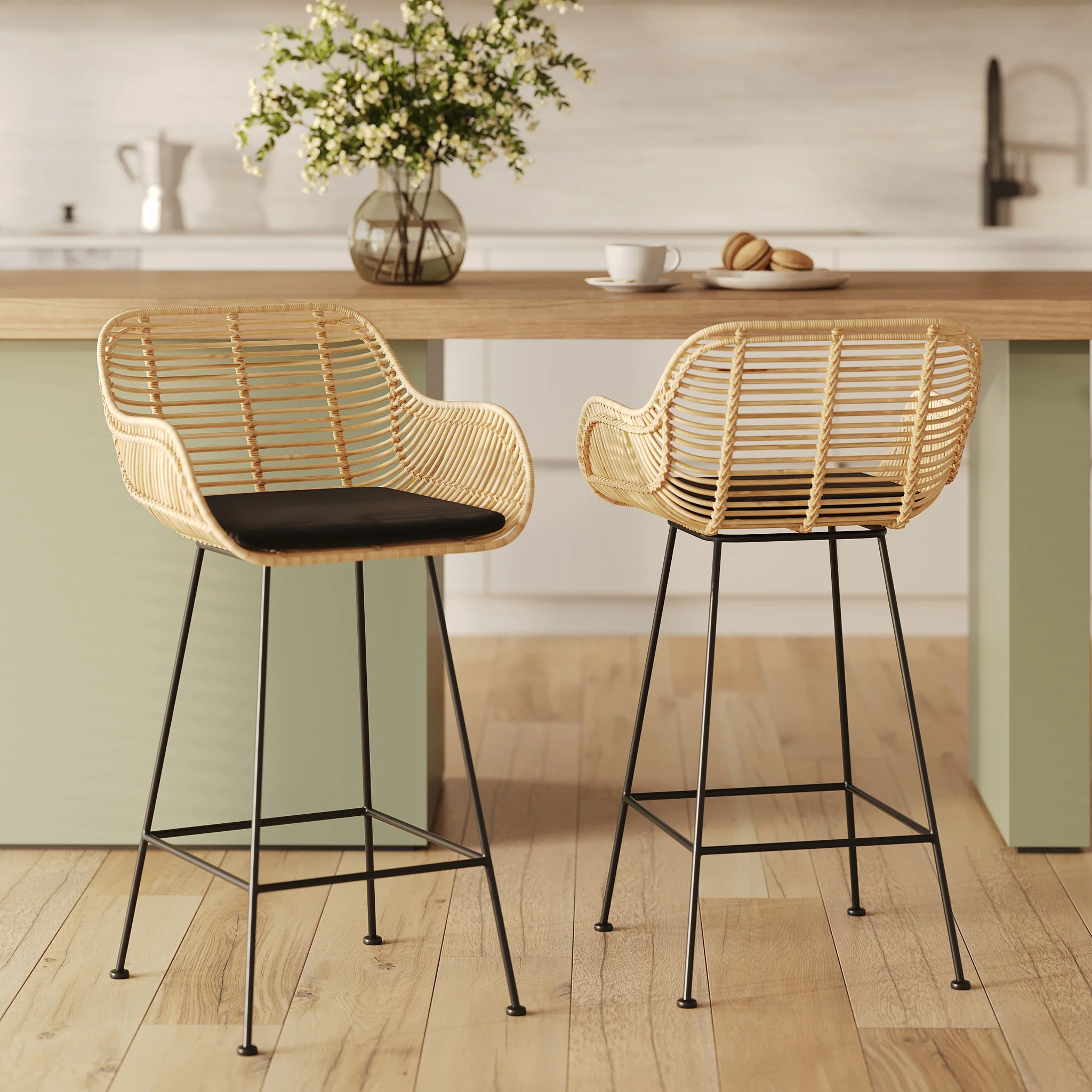 Lot de 2 chaises pour îlot central 66 cm en rotin et tissu noir - Pops