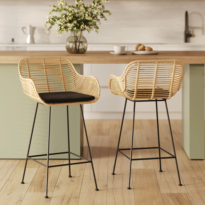 Lot de 2 chaises pour îlot central 66 cm en rotin et tissu noir - Pops