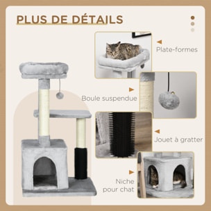 Arbre à chat griffoirs sisal naturel et massant grande niche plateforme panier jeu boule suspendue peluche gris