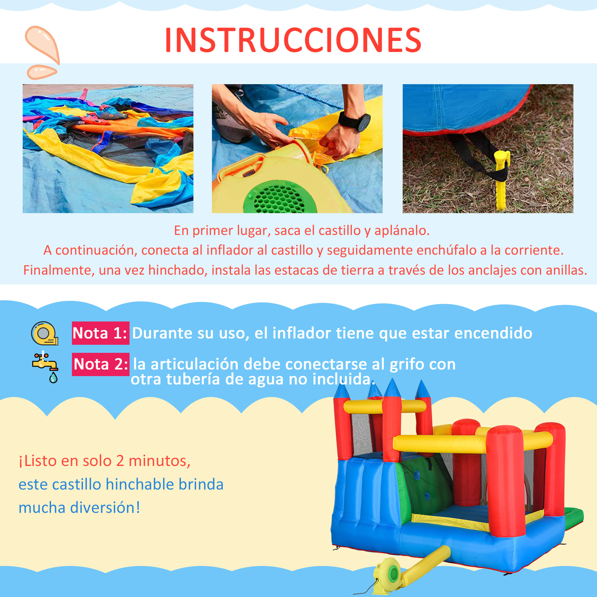Castillo Hinchable con Tobogán Cama de Salto y Piscina para Niños +3 Años con Inflador y Bolsa de Transporte para Interior Exterior 330x245x215 cm Multicolor