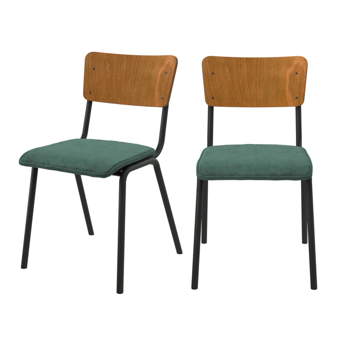 Lot de 2 chaises en bois foncé et velours vert - Nico