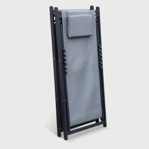 Lot de 2 bains de soleil - Gaia gris - Transat en aluminium gris anthracite et textilene gris avec coussin repose tête. chilienne