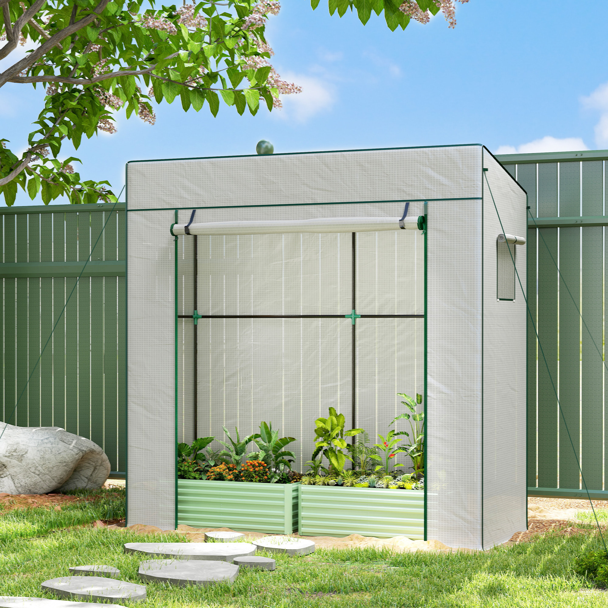 Invernadero Pequeño Invernadero de Exterior con Ventanas de Malla y Puerta con Cremallera Marco de Acero y Cubierta de PE 140g/m² para Cultivar Tomates Plantas Flores 196x77x197 cm Blanco