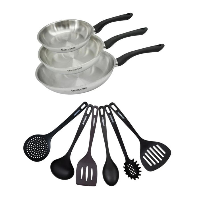 Set 3 poêles 20 24 et 28 cm en inox et 6 ustensiles Fackelmann Geneva