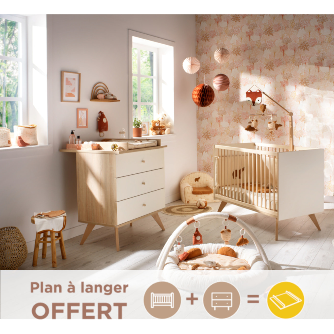 Chambre bébé complète Camille, Lit 120x60 et Commode à langer - décor vanille