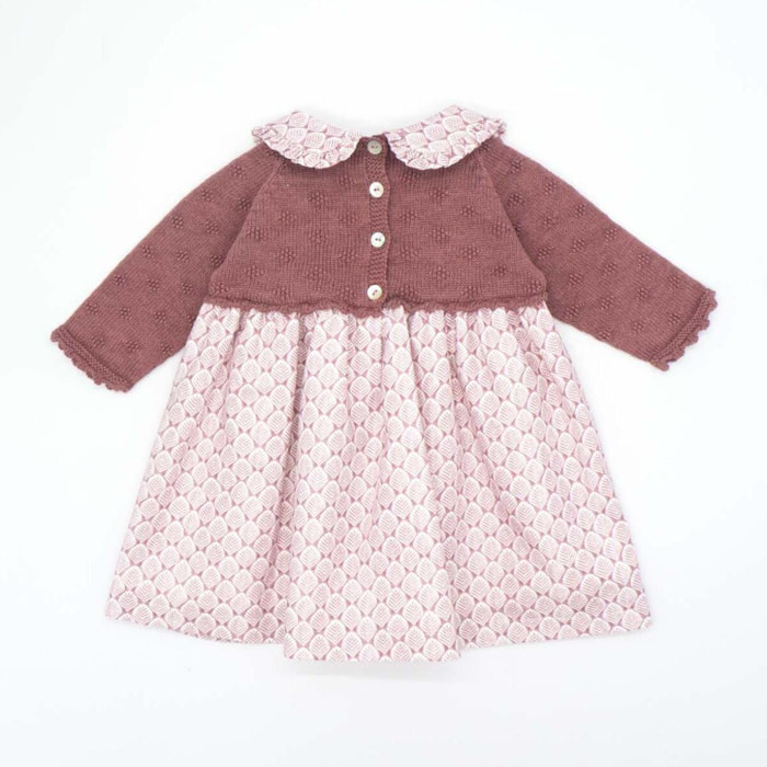 Vestido combinado punto y viella hojas malva y blanco