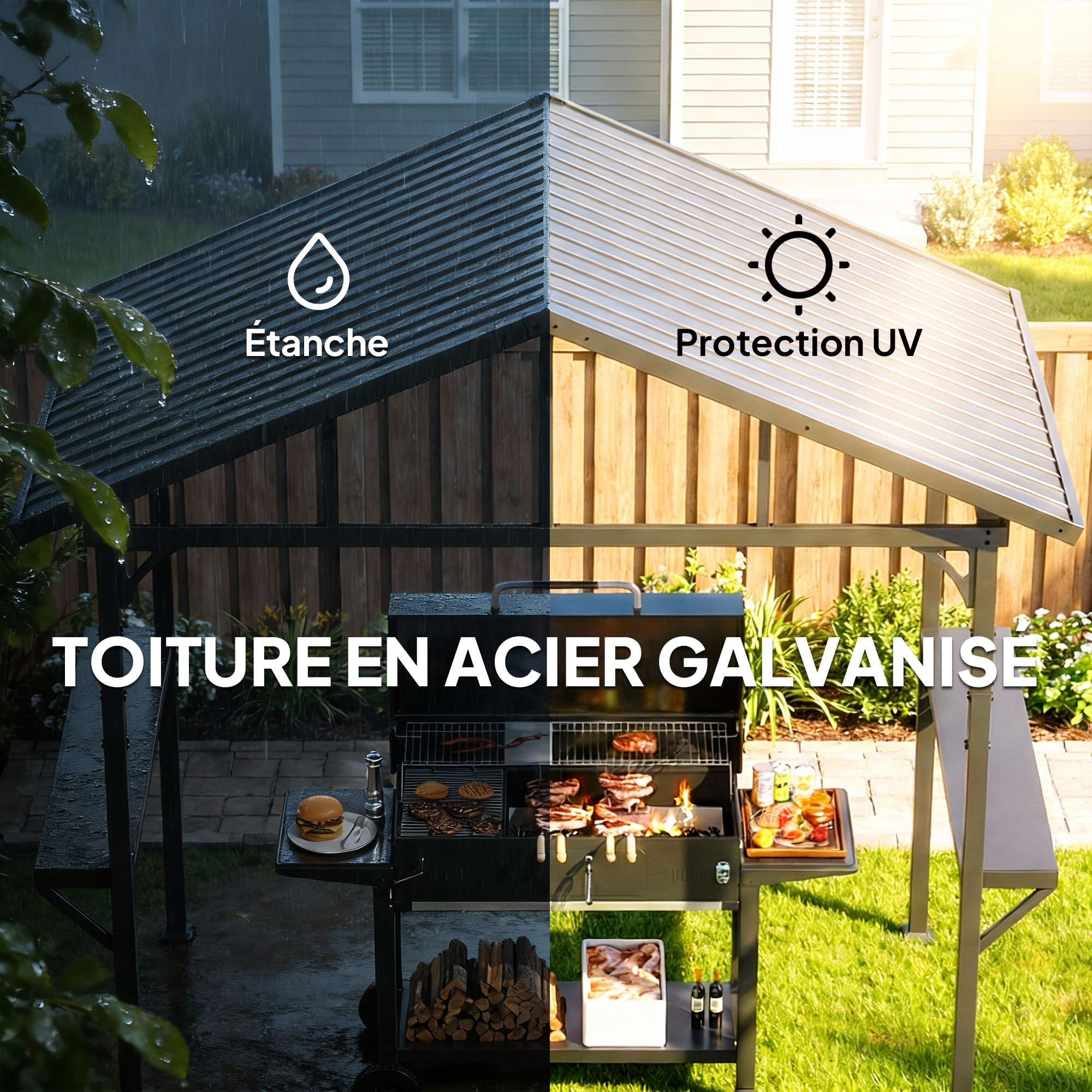 Abri pour barbecue 2 étagères latérales crochets acier noir