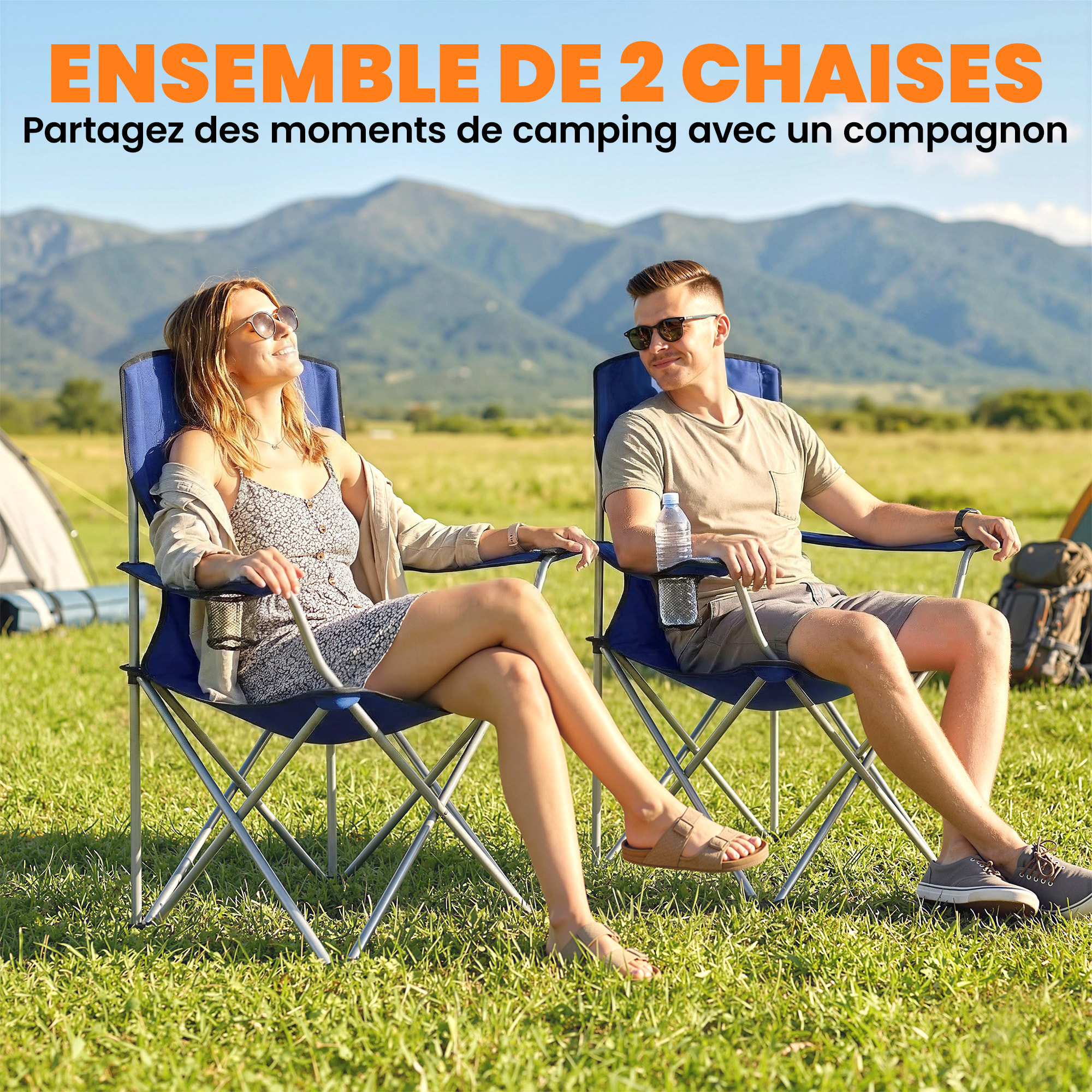 Lot de 2 chaises de camping pliables avec porte-gobelets et sac transport bleu foncé