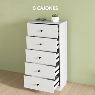 Cómoda con 5 Cajones Cómoda de Dormitorio Estrecha con Anti-vuelco Cajonera Alta para Salón Pasillo 47x29x95 cm Blanco