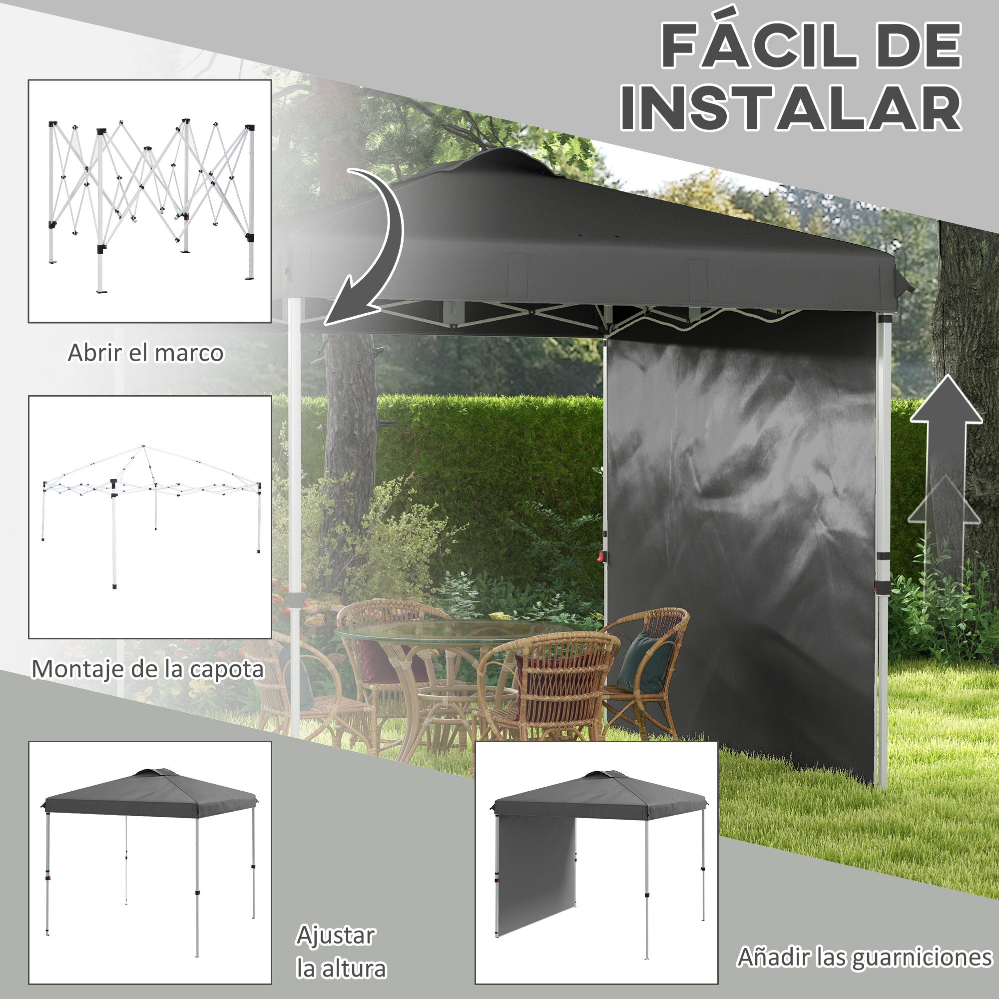 Carpa Plegable 2,5x2,5 m Cenador de Jardín con 1 Pared Lateral Altura Ajustable en 3 Niveles Anti-UV Impermeable y Bolsa de Arena Gazebo para Exterior Camping Fiestas Gris Oscuro