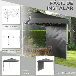 Carpa Plegable 2,5x2,5 m Cenador de Jardín con 1 Pared Lateral Altura Ajustable en 3 Niveles Anti-UV Impermeable y Bolsa de Arena Gazebo para Exterior Camping Fiestas Gris Oscuro