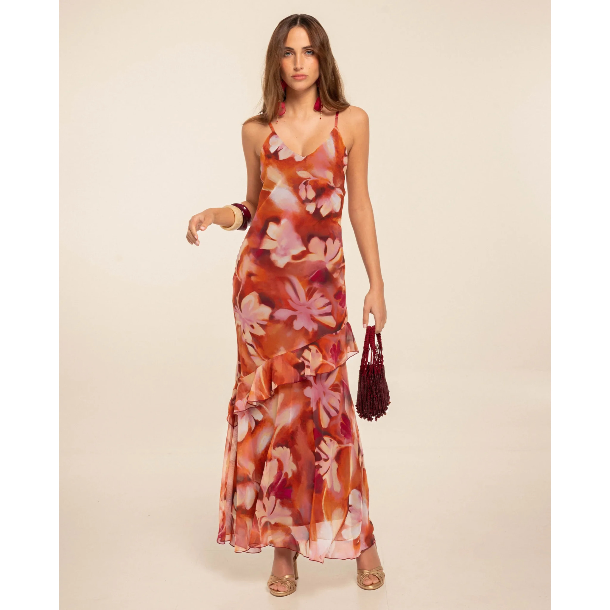 Vestido midi con volantes y estampado floral