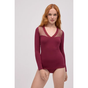 T-shirt in cotone a maniche lunghe con dettagli scollo color bordeaux